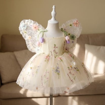 Mesh Rosette Sleeveless Midi Dresses Without Hat - Light Yellow - 9-10Y - image 1