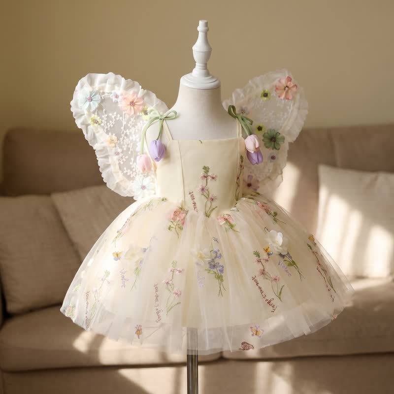 Mesh Rosette Sleeveless Midi Dresses Without Hat - Light Yellow - 9-10Y - image 1