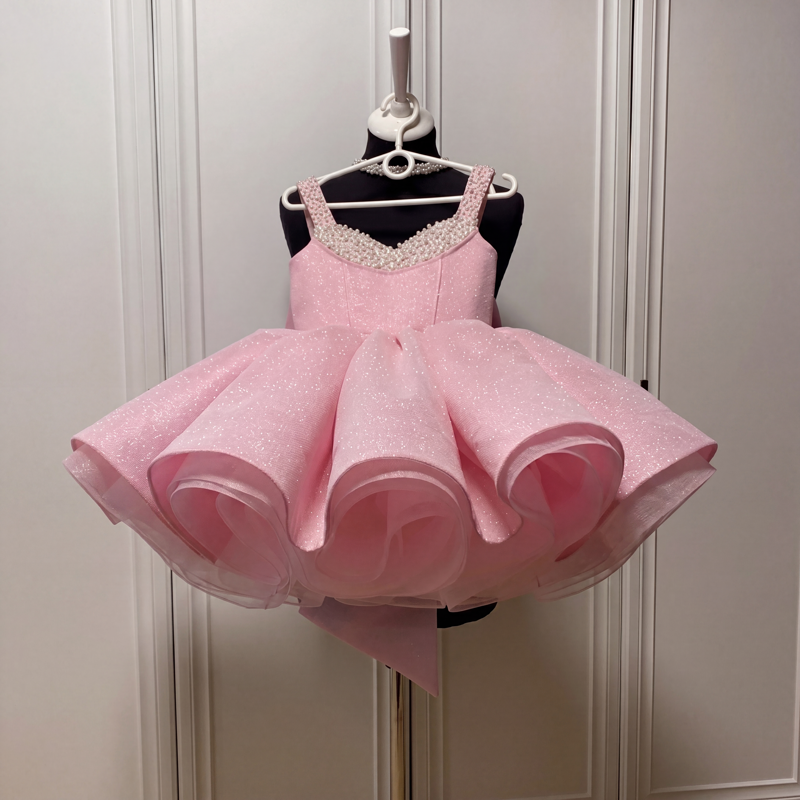 Sparkle Tulle Pearl Bow Sleeveless Short Dresses - Pink - 6Y - image 1
