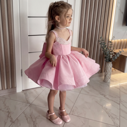 Sparkle Tulle Pearl Bow Sleeveless Short Dresses - image 2