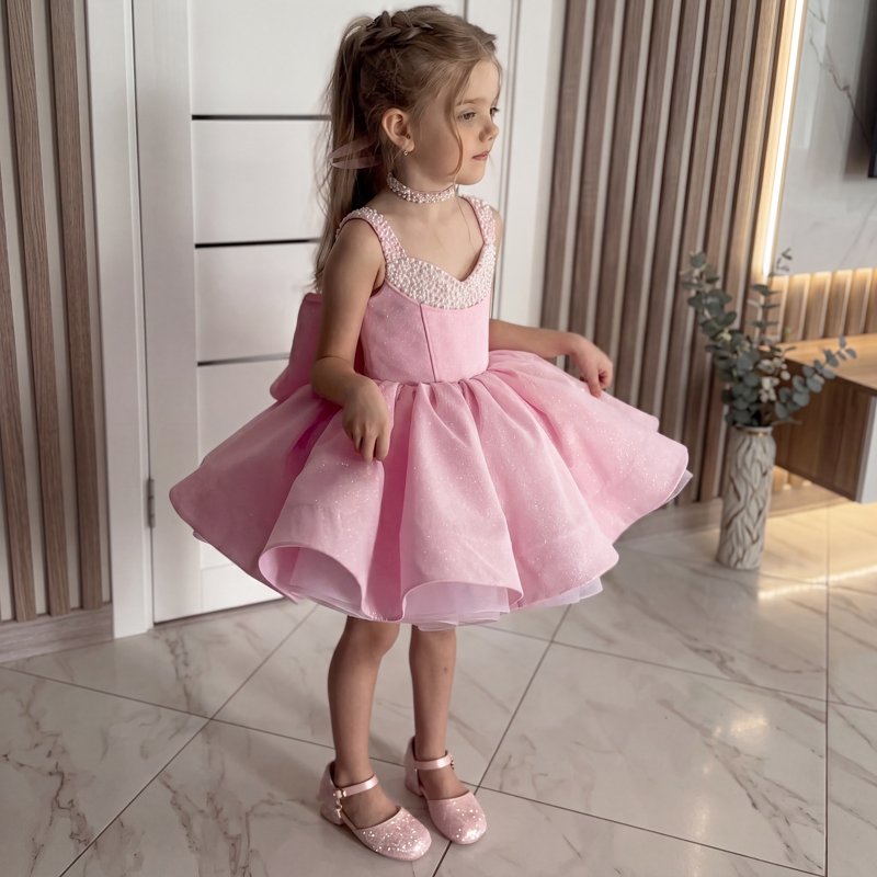 Sparkle Tulle Pearl Bow Sleeveless Short Dresses - image 2