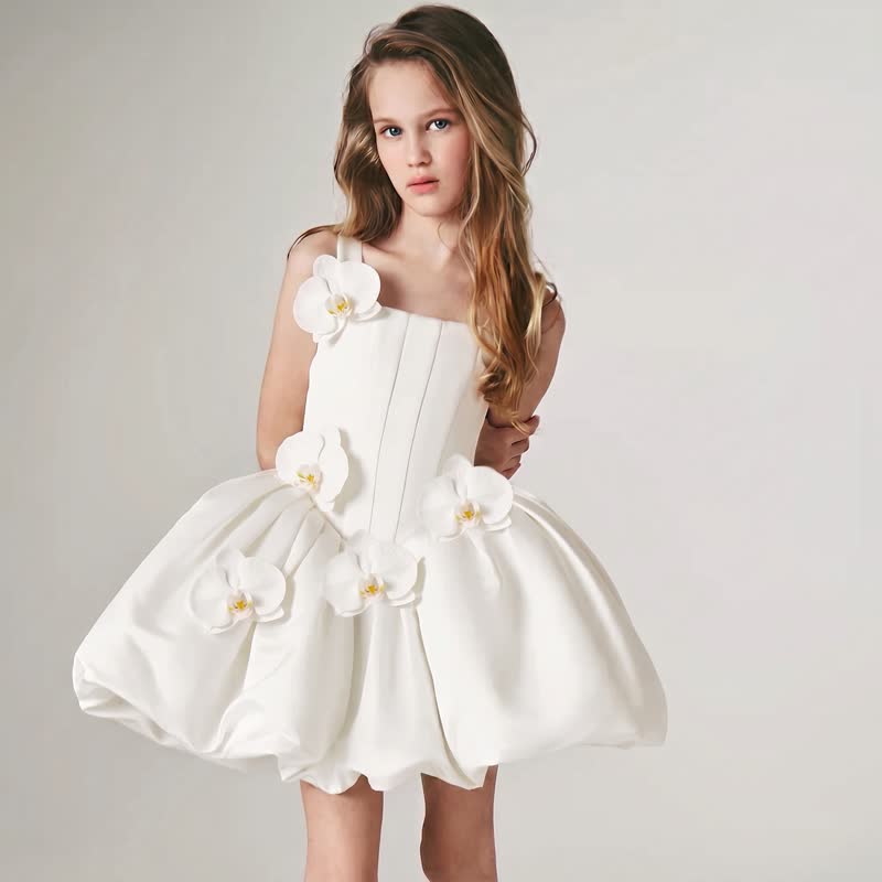 Satin Rosette Sleeveless Short Dresses - White - 9-10Y - image 1
