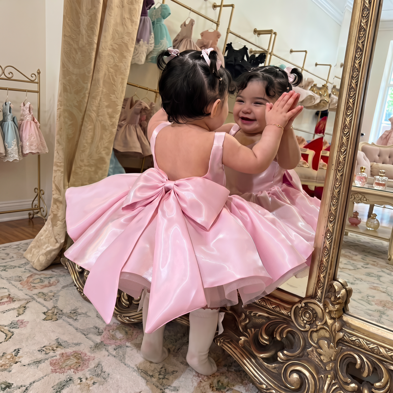 Liquid Satin Backless Bow Sleeveless Short Dresses - Pink - 4Y - image 1