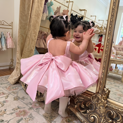 Liquid Satin Backless Bow Sleeveless Short Dresses - Pink - 4Y - image 1