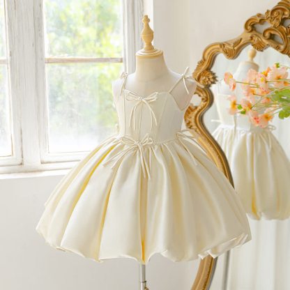 Satin Bow Sleeveless Midi Dresses - Champagne - 8Y - image 1