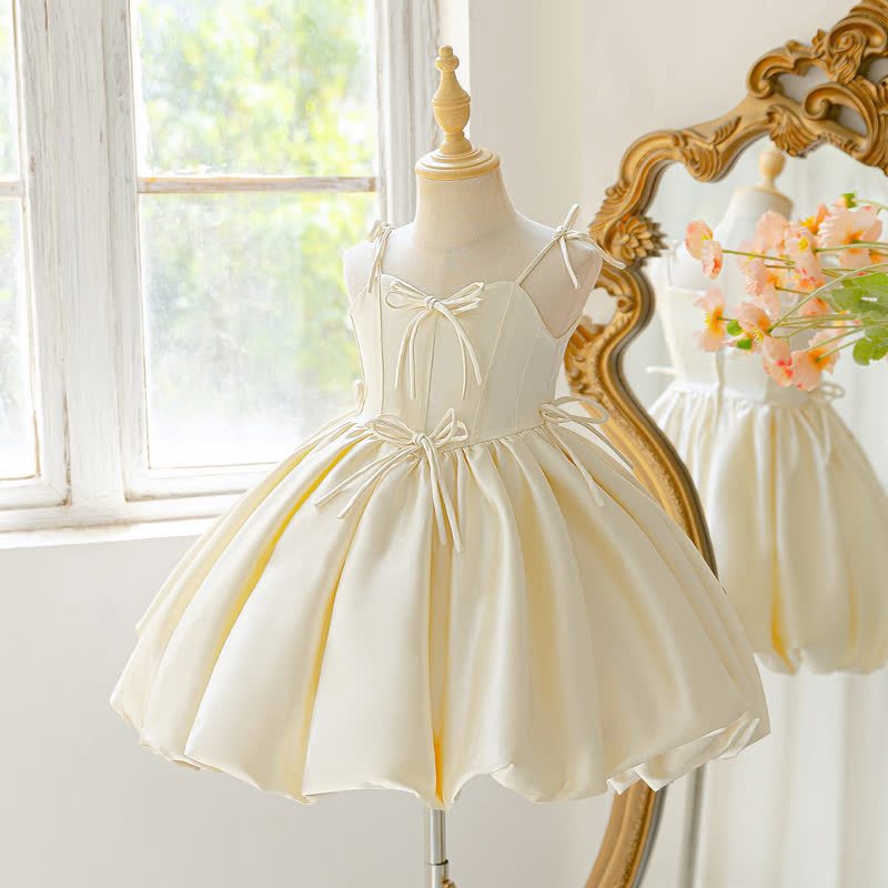 Satin Bow Sleeveless Midi Dresses - Champagne - 8Y - image 1
