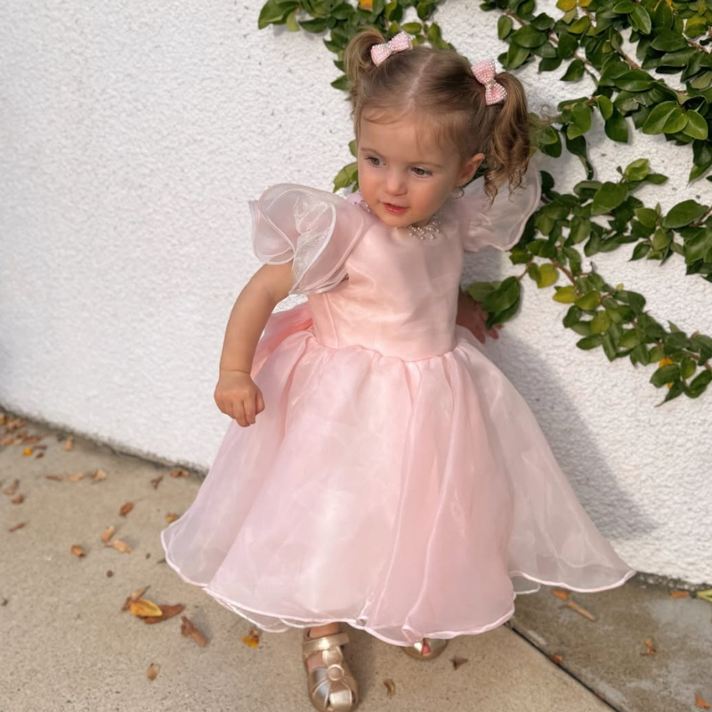 Organza Imitation Pearls Bow Cap Sleeve Midi Dresses - Pink - 9-10Y - image 1