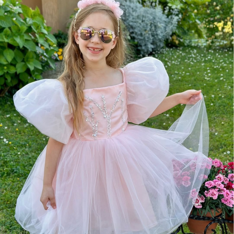 Mesh Applique Sequins Short Sleeve Midi Dresses - Pink - 12-13Y - image 1