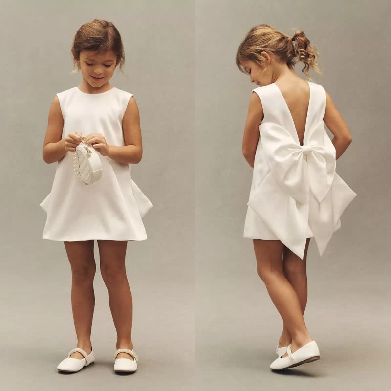 Satin Bow Sleeveless Short Dresses - White - 9-10Y - image 1
