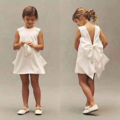 Satin Bow Sleeveless Short Dresses - White - 9-10Y - image 1