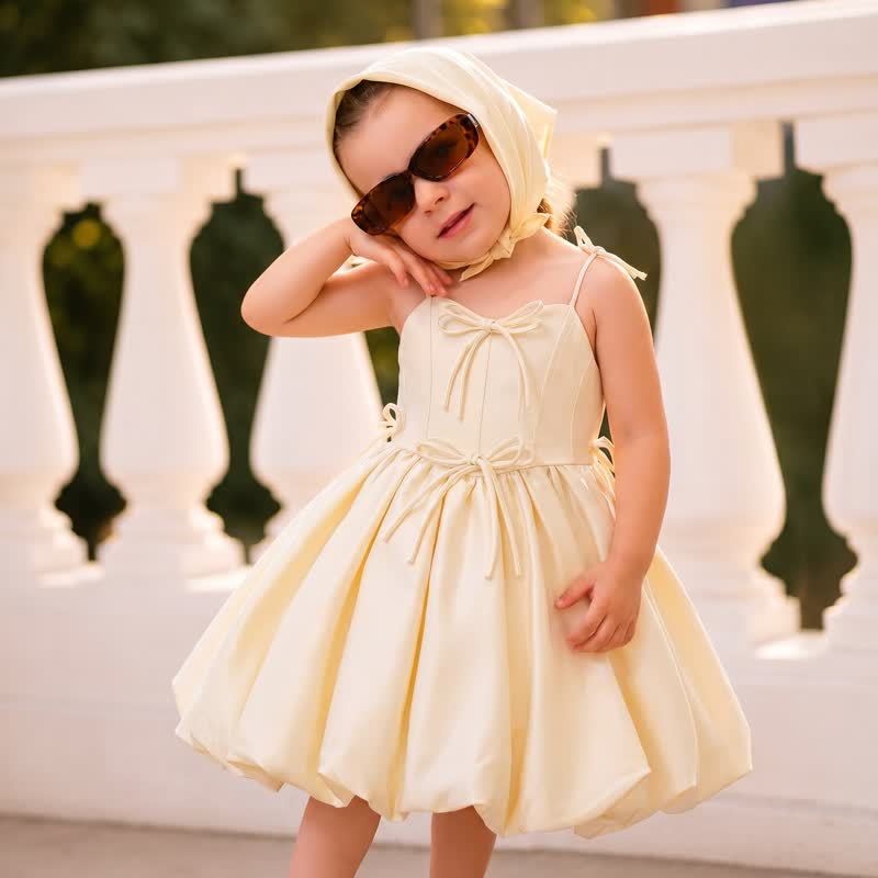 Satin Bow Sleeveless Midi Dresses - Champagne - 8Y - image 1