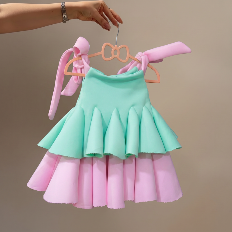 SCUBA KNIT Bow Sleeveless Short Dresses - Pink & Mint - 8Y - image 1