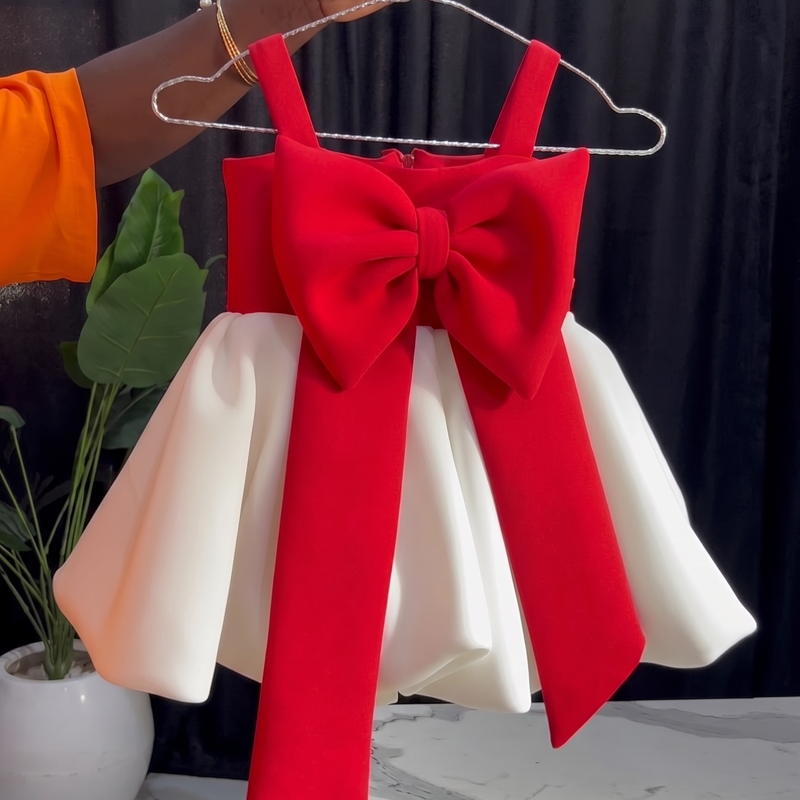 SCUBA KNIT Bow Sleeveless Short Dresses - White & Red - 8Y - image 1