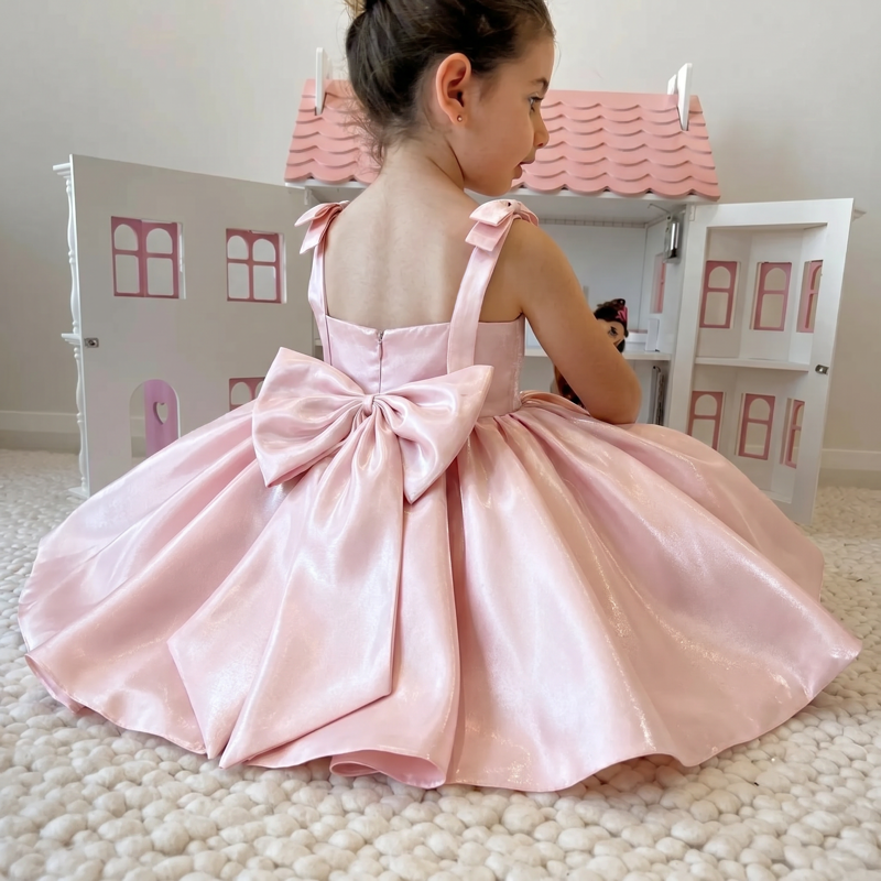 Chemical Fiber Blend Bow Sleeveless Midi Dresses -  Pink - 9-11Y - image 1