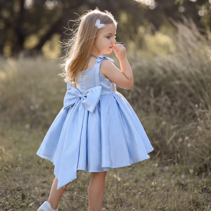 Chemical Fiber Blend Bow Sleeveless Midi Dresses - Light Blue - 9-11Y - image 6
