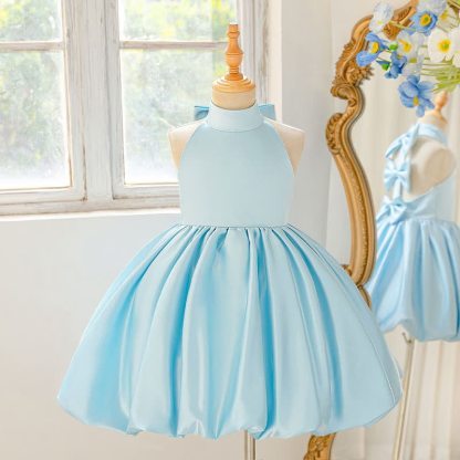 Satin Bow Backless Sleeveless Short Dresses - Sky Blue - 8Y - image 11
