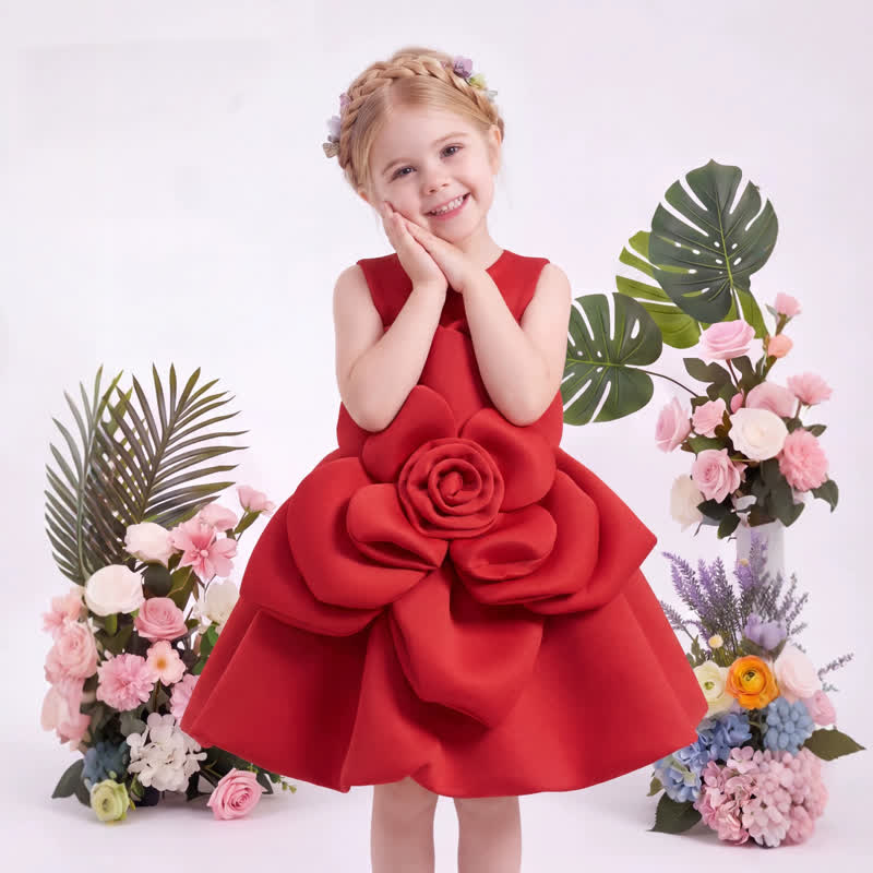 SCUBA KNIT Rosette Sleeveless Short Dresses - Red - 7Y - image 3