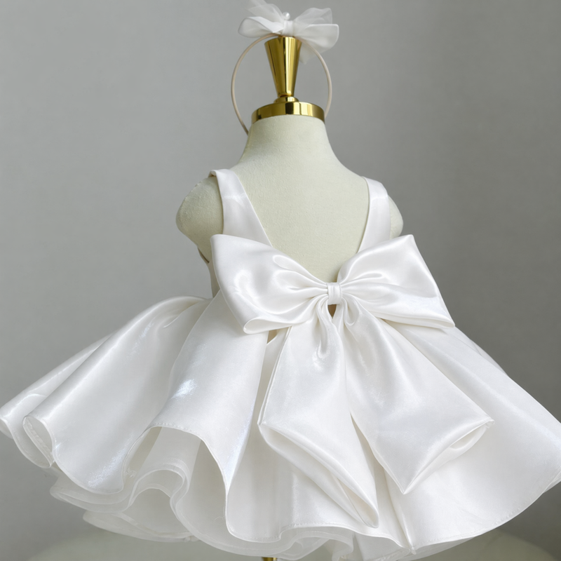 Liquid Satin Backless Bow Sleeveless Short Dresses - White - 4Y - image 5