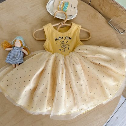 Mesh Fluffy Split Joint Sleeveless Short Dresses - Yellow - 6-7Y - image 1
