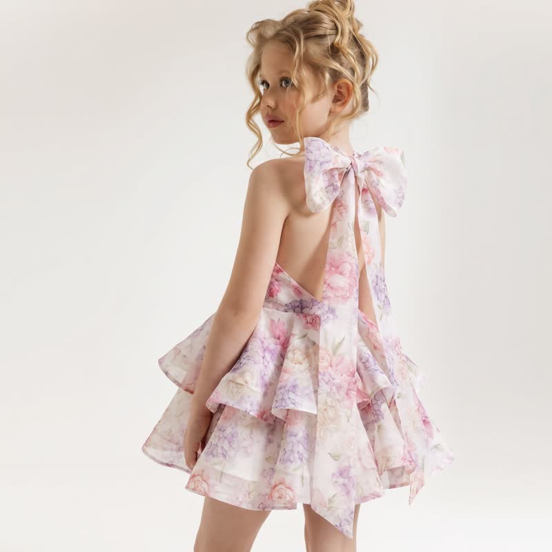 Chemical Fiber Blend Bow Short Sleeve Midi Dresses - Pastel Ruffle Gown - 12Y - image 1