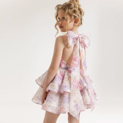 Chemical Fiber Blend Bow Short Sleeve Midi Dresses - Pastel Ruffle Gown - 12Y - image 1