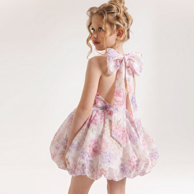 Chemical Fiber Blend Bow Short Sleeve Midi Dresses - Bubble Floral Dress - 12Y - image 10