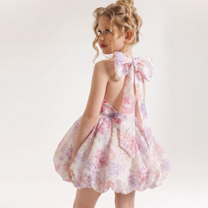 Chemical Fiber Blend Bow Short Sleeve Midi Dresses - Bubble Floral Dress - 12Y - image 10