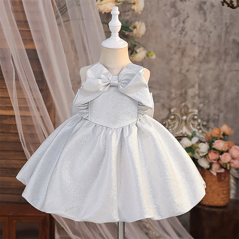 Silk-blend Bow Sleeveless Short Dresses - Silver - 2-3Y - image 1