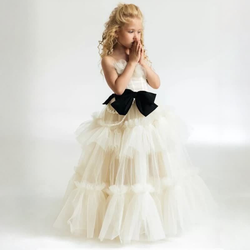Mesh Bow Imitation Pearls  Ruched Gathered Sleeveless Maxi Dresses - Off-white - 7-8Y - image 1