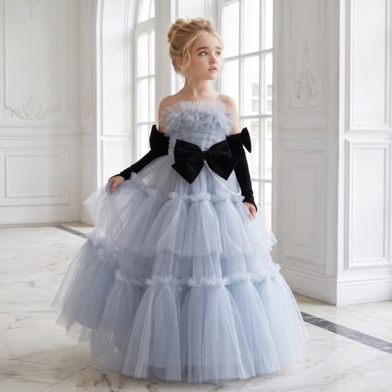 Mesh Bow Imitation Pearls  Ruched Gathered Sleeveless Maxi Dresses - Light Blue - 7-8Y - image 10