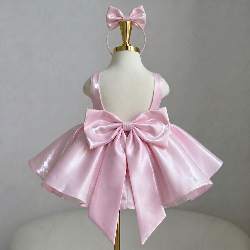 Liquid Satin Backless Bow Sleeveless Short Dresses - Pink - 4Y - image 1