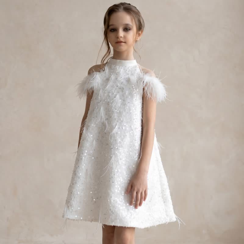 Mesh Feather-trimmed Sleeveless Midi Dresses - White - 8-9Y - image 1