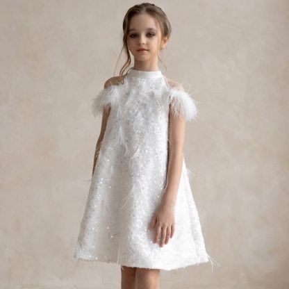 Mesh Feather-trimmed Sleeveless Midi Dresses - White - 8-9Y - image 1
