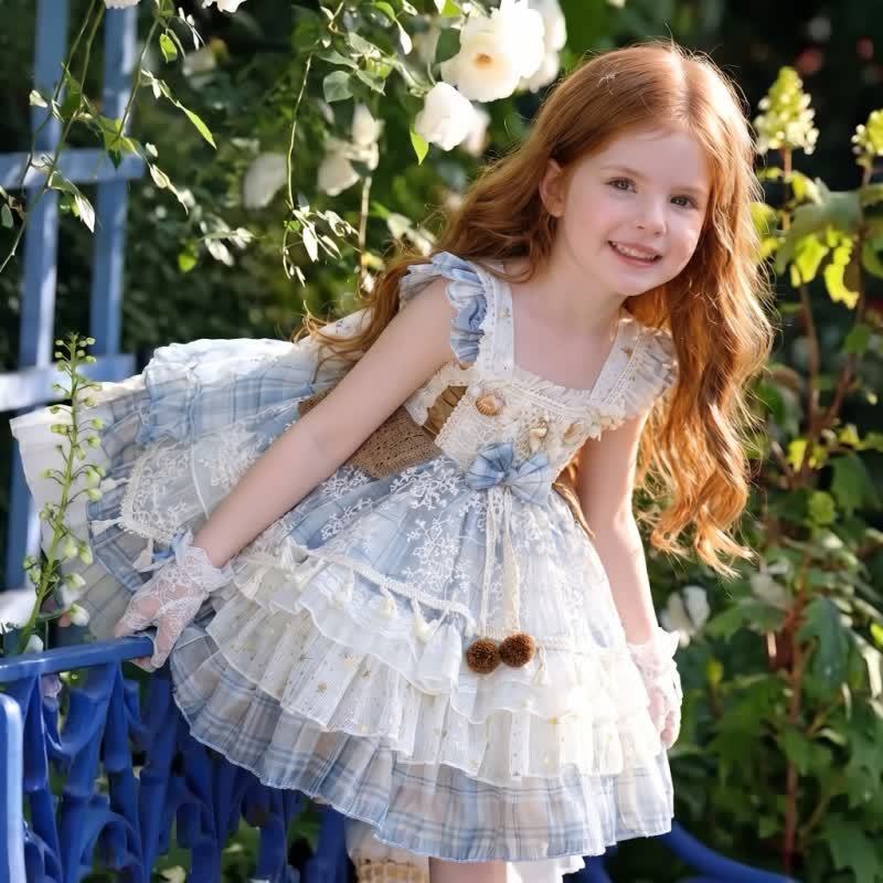 Chemical Fiber Blend Fuzzy Ball  Lace Edge  Bow  Embroidery Sleeveless Short Dresses - Light Blue - 7-9Y - image 1