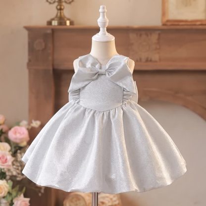 Silk-blend Bow Sleeveless Short Dresses - Silver - 2-3Y - image 1