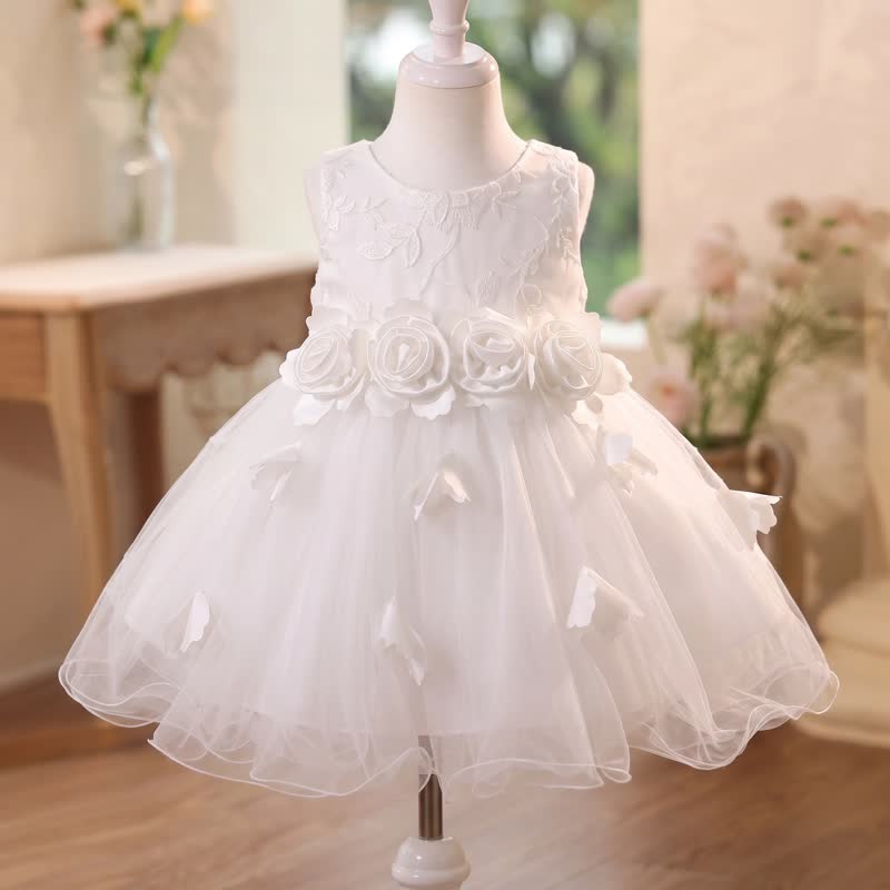 Silk Fabrics Rosette Sleeveless Short Dresses - White - 2-3Y - image 1