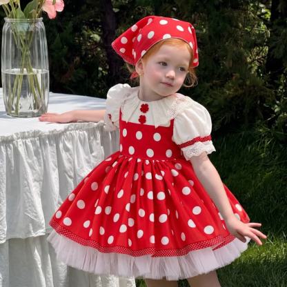 Satin Lace Edge Fluffy Short Sleeve Short Dresses With Headscarf - Red - 2-3Y - image 1