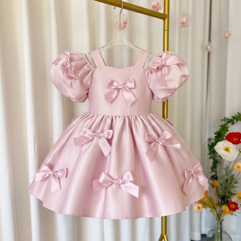 Satin Bow Short Sleeve Midi Dresses - Pink - 2-3Y - image 1