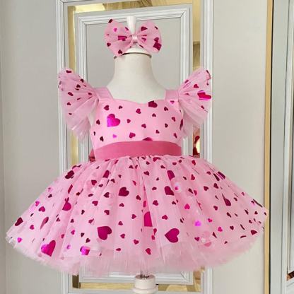 Mesh Bow Cap Sleeve Midi Dresses - Pink - 4Y - image 1