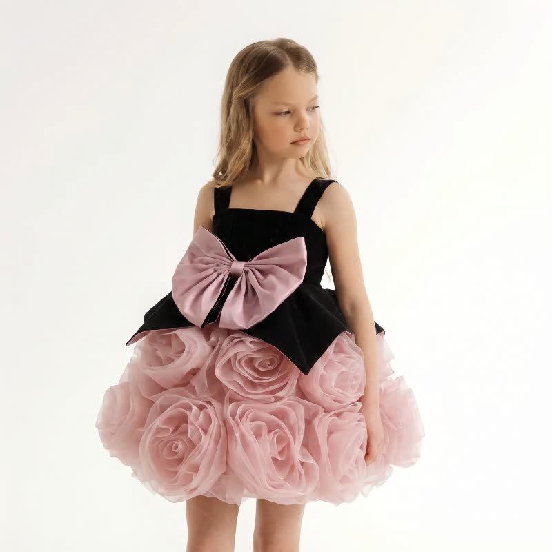 Velvet & Mesh Rosette  Bow Sleeveless Short Dresses - Black & Pink - 150cm - image 1