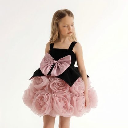Velvet & Mesh Rosette  Bow Sleeveless Short Dresses - Black & Pink - 150cm - image 1