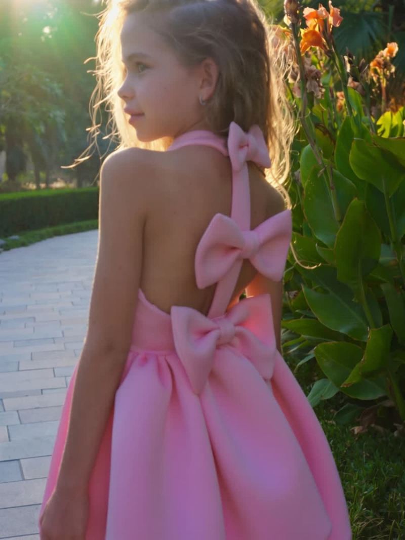 SCUBA KNIT Bow Short Sleeve Short Dresses - Pink - 7Y - image 2