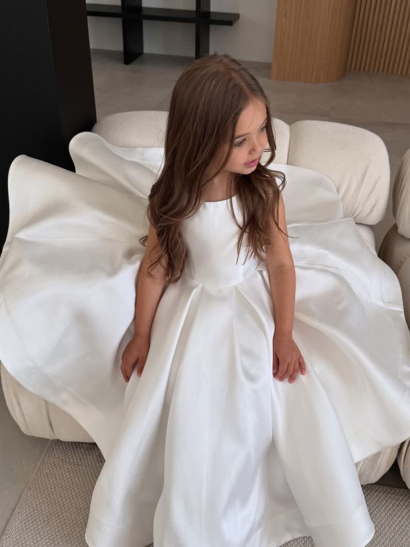 Satin Bow Sleeveless Mid-long Dresses - White - 6Y - image 2