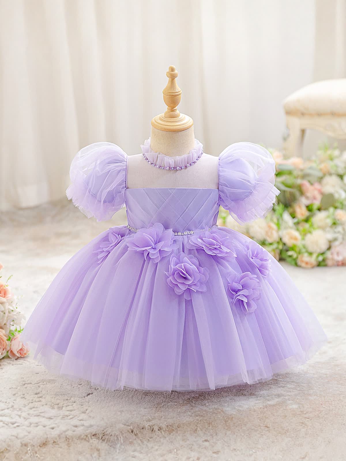 Mesh Rosette Short Sleeve Midi Dresses - image 3