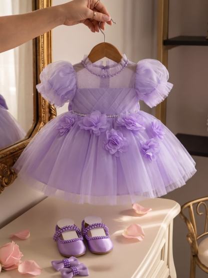 Mesh Rosette Short Sleeve Midi Dresses - Purple - 2-3Y - image 1