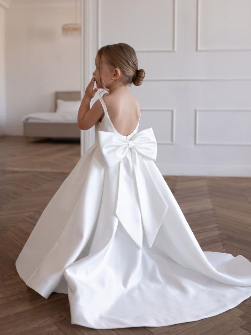 Satin Bow Sleeveless Maxi Dresses - White(Ships in 24 Hours) - 12Y - image 1