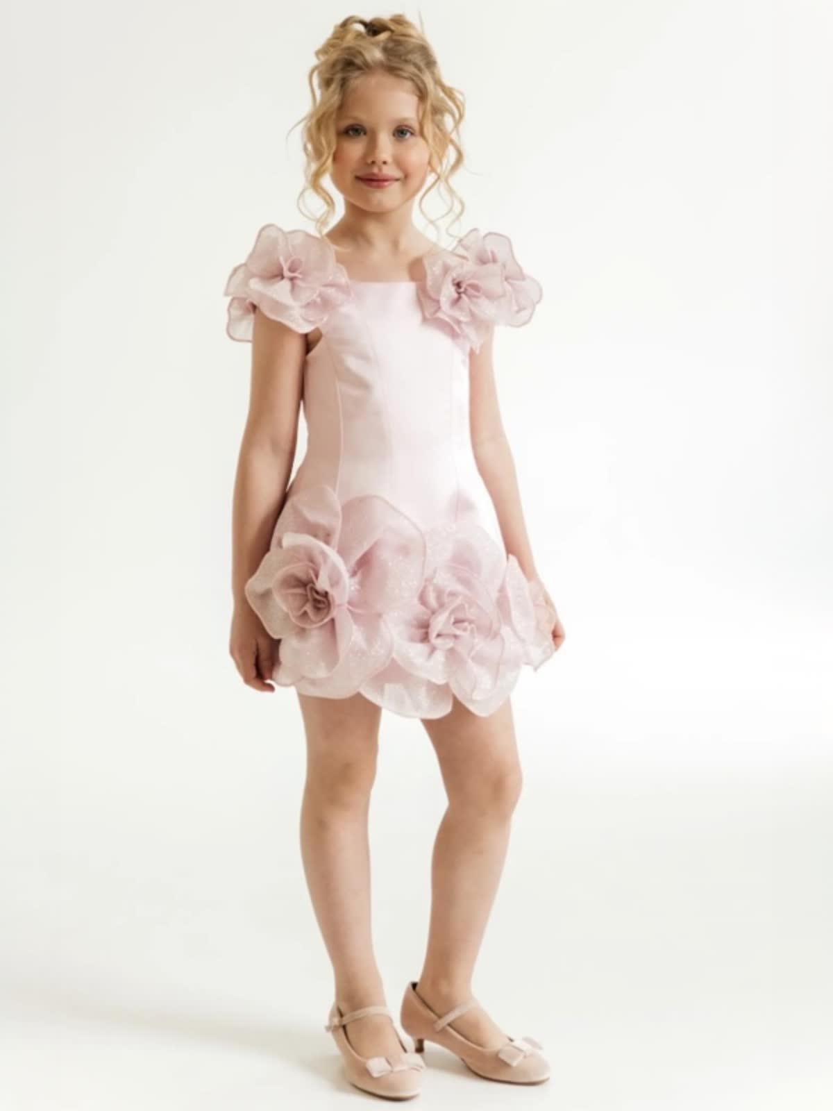Chemical Fiber Blend Rosette Cap Sleeve Short Dresses - image 3
