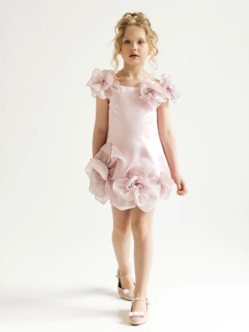 Chemical Fiber Blend Rosette Cap Sleeve Short Dresses - image 2