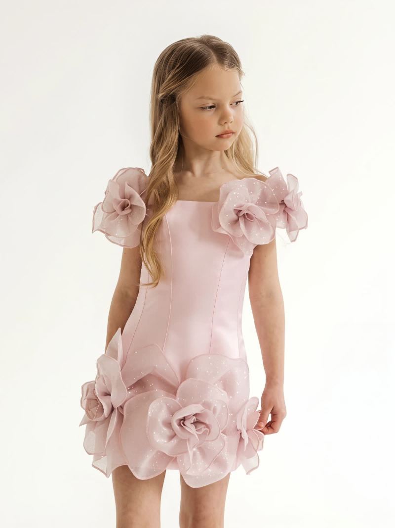Chemical Fiber Blend Rosette Cap Sleeve Short Dresses - Pink - 9-10Y - image 1