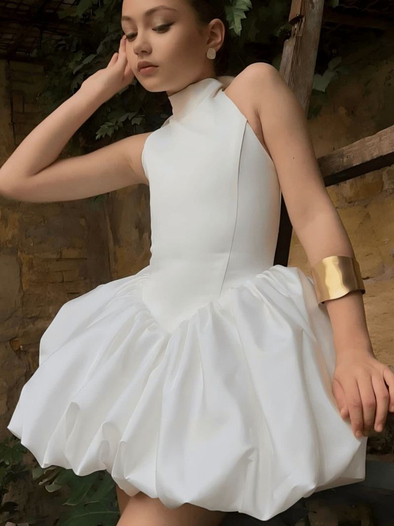 Satin Gathered Sleeveless Short Dresses - White - 14-15Y - image 1